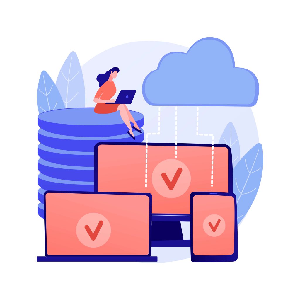 The image depicts a girl sitting on a tall stool with a laptop in her lap and with three laptops on whose screen a tick mark is shown representing singapore payroll process flow chart 2024.