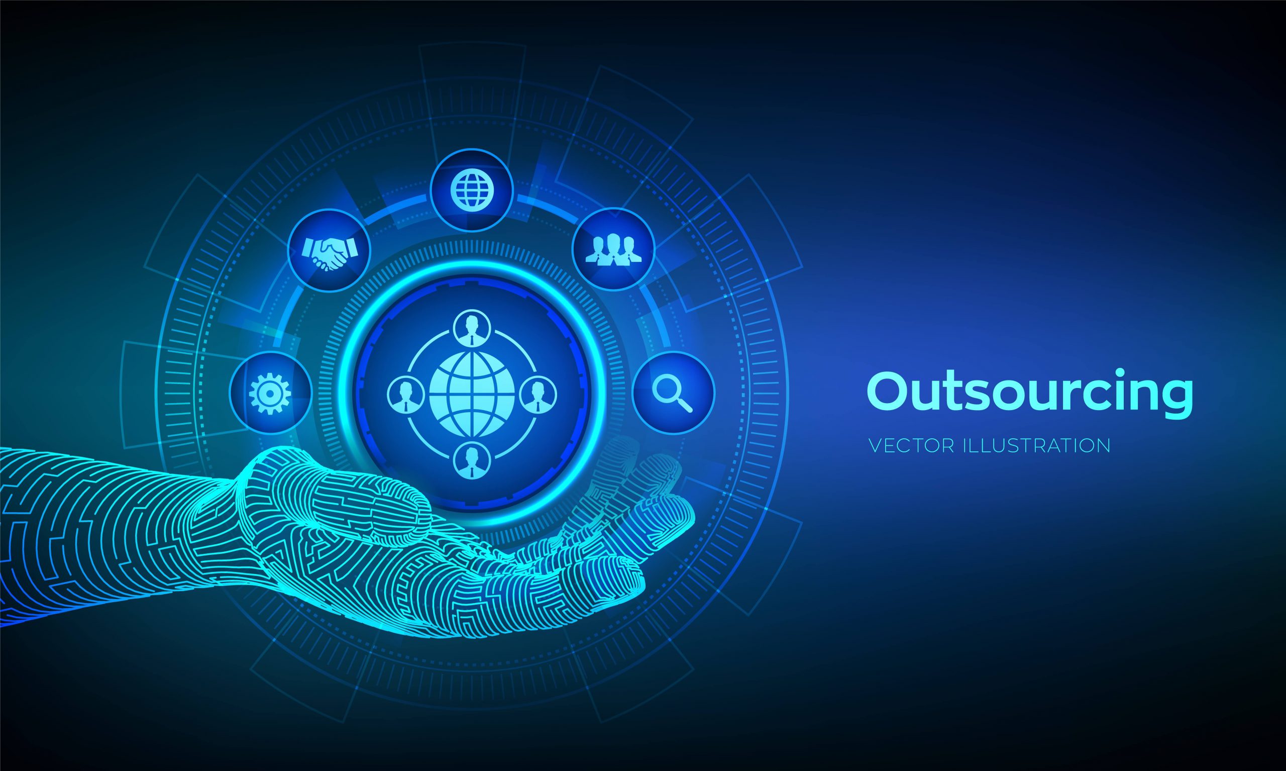 The image depicts outsourcing with artifical intellegence. Depicting AI-based payroll outsourcing service.